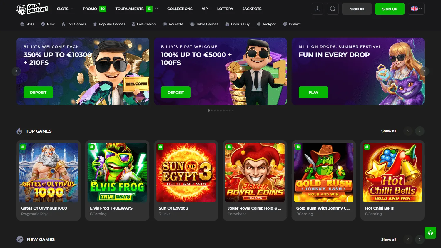 Billy Billion Casino home page on desktop