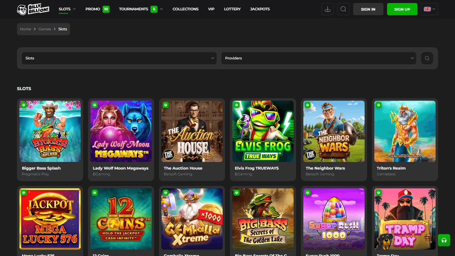 Billy Billion Casino games area on desktop