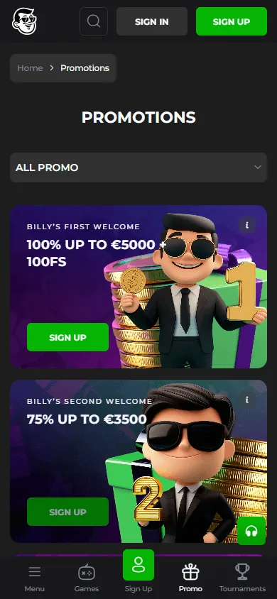 Billy Billion Casino promotions area on a mobile browser