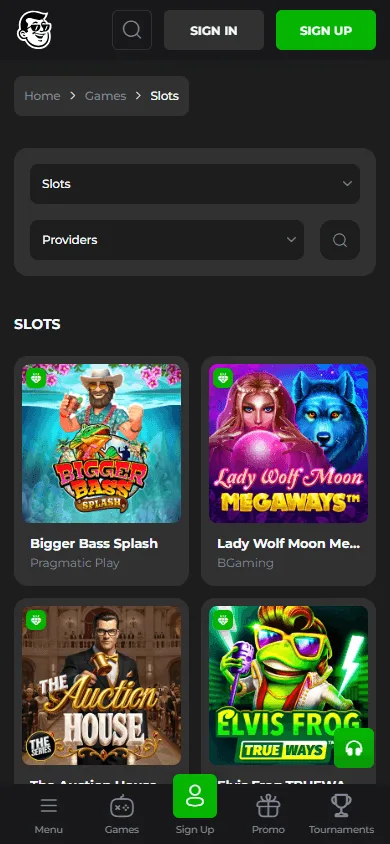 Billy Billion Casino games area on a mobile browser