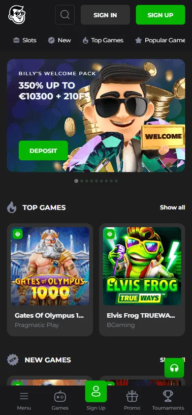 Billy Billion Casino home page on a mobile browser