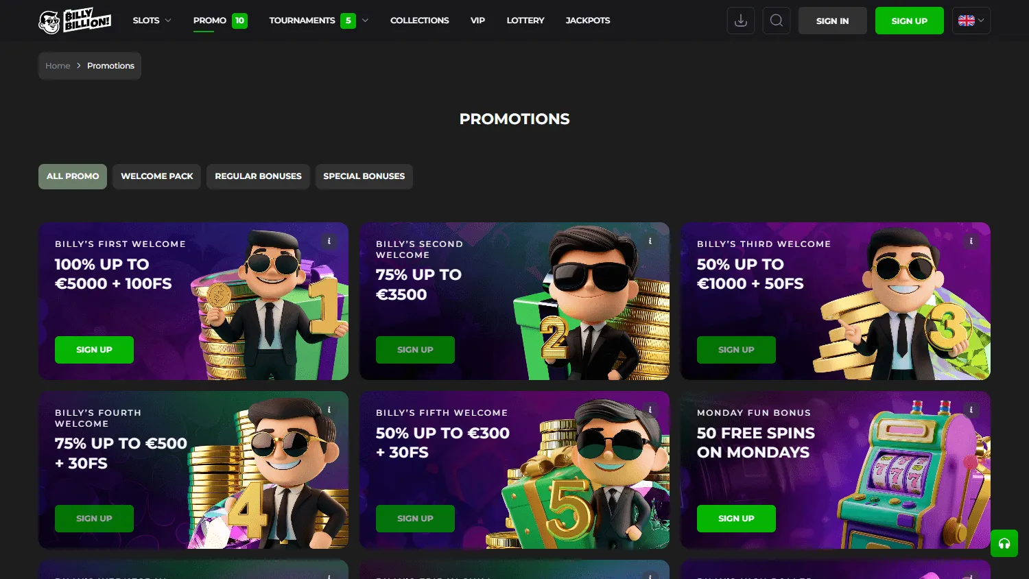 Billy Billion Casino promotions area on desktop